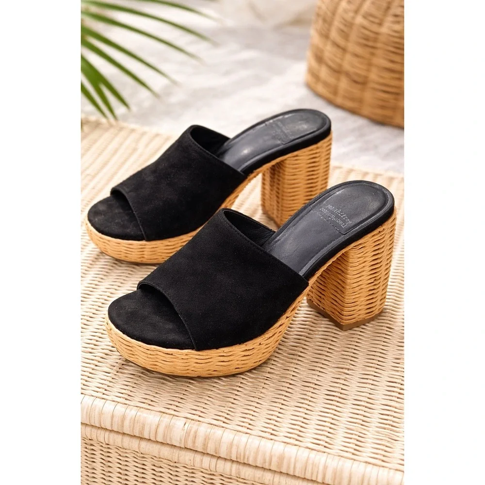 Jeffrey Campbell Magda WKR Wicker Platform Mule Sandals‎ Black Suede 7.5